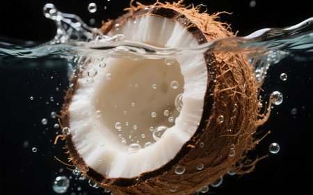 Coconut splashing into water on black background, close upの素材