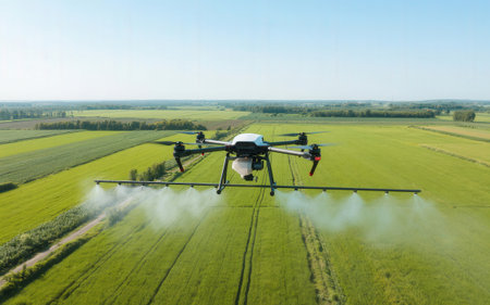 Drone spraying pesticides on agricultural field. Drone spraying pesticides on agricultural field.の素材