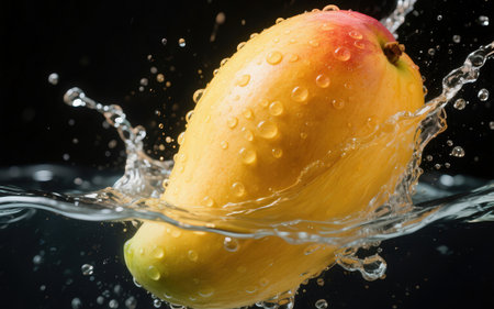 Mango splashing in water, isolated on black background, close upの素材