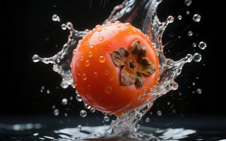 Fresh persimmon falling into water with splash, isolated on black backgroundの素材