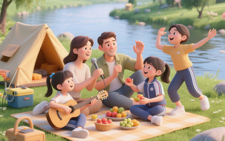 3d illustration of happy family having picnic by the lake in summerの素材