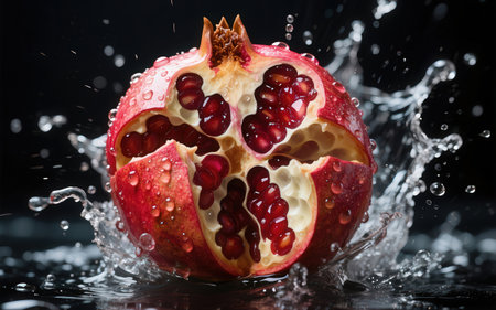 Fresh pomegranate in water splash, isolated on black backgroundの素材