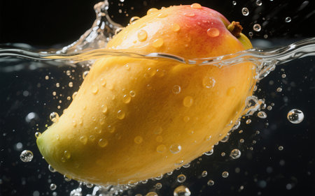 Mango in water with splash, isolated on black background, close upの素材
