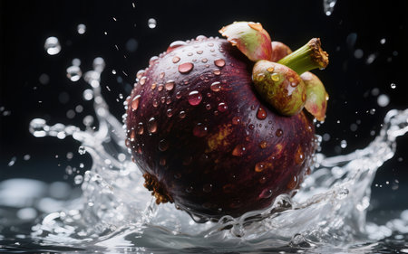 Mangosteen in water splash, isolated on black background.の素材