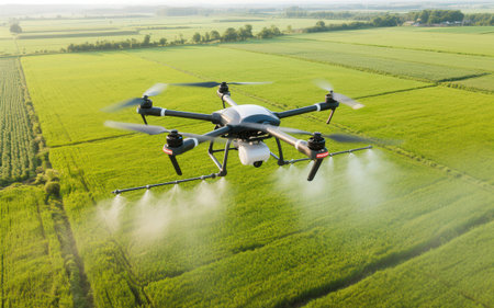 Drone flying in the air over the green agricultural field. Drone flying in the sky.の素材