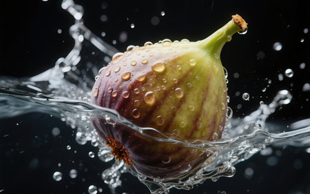 Fresh figs falling into water with splash, isolated on black backgroundの素材