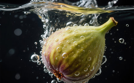 Fresh figs falling into water with bubbles on a black background.の素材