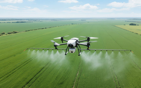 Drone spraying pesticide on agricultural field. Drone spraying pesticide on agricultural field.の素材