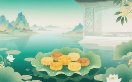 Mid-Autumn Festival moon cake on the water with mountain backgroundの素材
