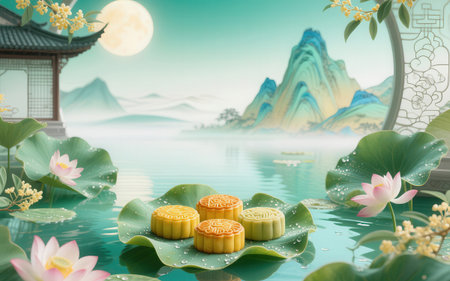Mooncake and lotus flower in the pond, 3d renderingの素材