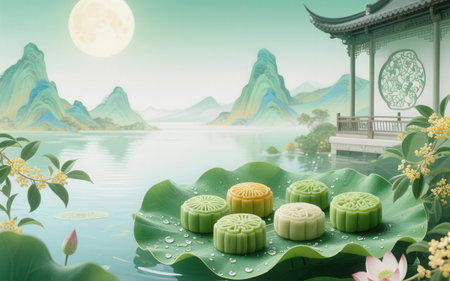 Moon and mooncake for Mid-Autumn Festival (3D Rendering)の素材