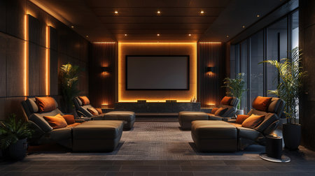3D rendering of a modern living room with a TV on the wallの素材
