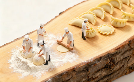 miniature chef cooking dumplings with flour and rolling pin on wooden boardの素材