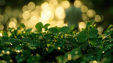 Morning dew on the leaves of a clover in the gardenの素材