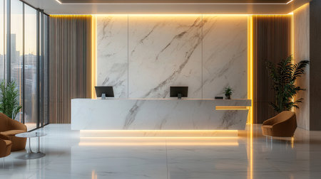 White reception desk standing in modern office lobby with panoramic city view. 3D Renderingの素材