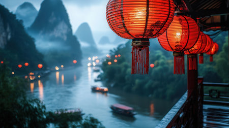Lanterns on the bank of the Guilin Riverの素材