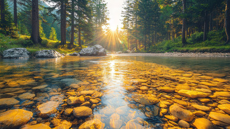 Mountain river in the forest at sunset. Beautiful summer landscape.の素材