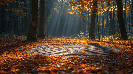 Autumn forest with sun rays shining through tree trunks and leavesの素材