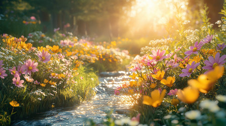 Beautiful blooming flowers in the garden at sunrise. Spring landscape.の素材