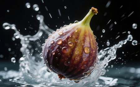 Fresh figs falling into water with splash, isolated on black backgroundの素材