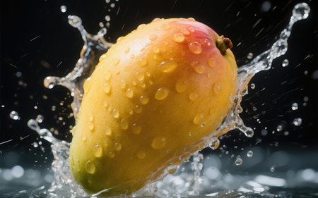 Mango with water splash, isolated on black background. Close up.の素材