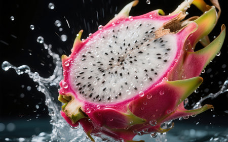 Dragon fruit with water splash on black background,Healthy food.の素材