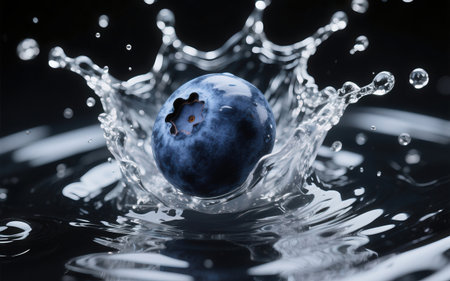 Blueberry splashing into water, close-up, isolated on black backgroundの素材
