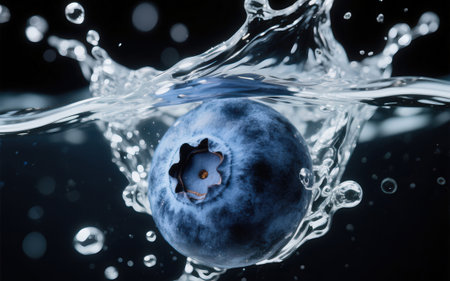 Blueberry in water splash on black background with copy space for textの素材