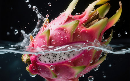 Dragon fruit with water splash on black background, healthy food concept.の素材