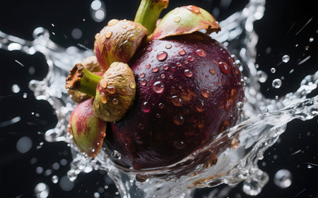 Mangosteen fruit with water splash on black background, Healthy fruitの素材