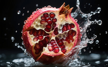 Pomegranate in water splashes on a black background.の素材