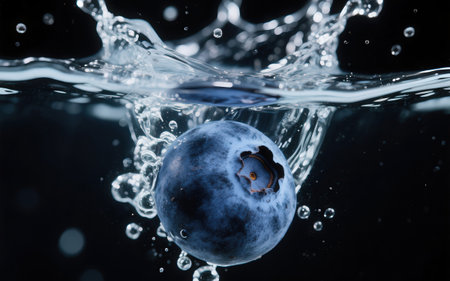 Blueberry in water with bubbles on dark background. Close up.の素材