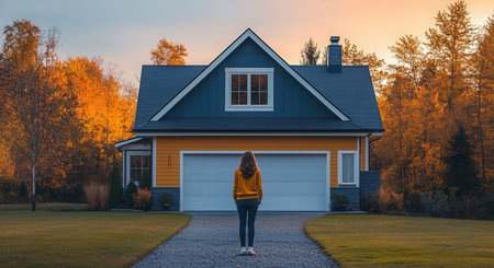 Young woman standing in front of a house at sunset, back viewの素材