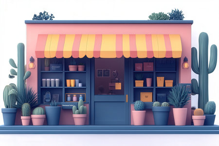 Cacti and succulents in pots on the background of a shop. 3d renderingの素材