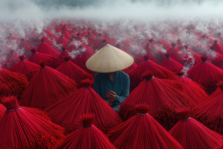 Vietnamese woman with straw hat and red umbrellas on the hill.の素材