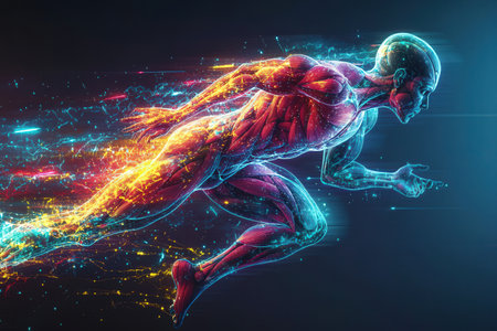 Human body anatomy with glowing particles on dark background. 3D renderingの素材
