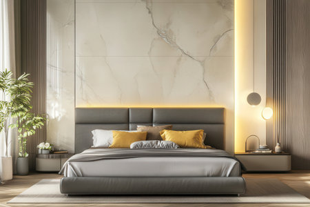 Interior of modern bedroom with white marble walls, wooden floor, comfortable king size bed with yellow pillows and mirror above it. 3d renderingの素材