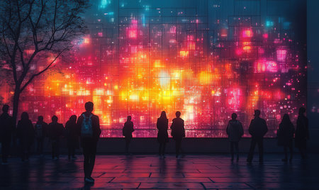 Silhouettes of people walking in the city with glowing lights.の素材