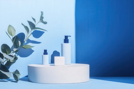 cosmetic containers on blue background with eucalyptus leavesの素材
