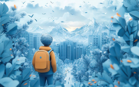 3d illustration of a boy with a backpack walking through the cityの素材