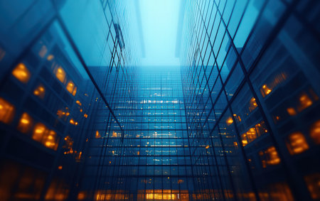 abstract blue background with glass skyscrapers in modern business centerの素材