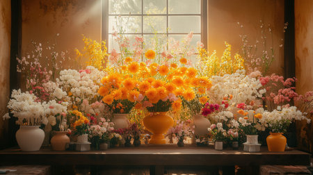 Flowers in vases on the windowsill, vintage style.の素材