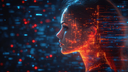 Futuristic cyber woman face with glowing digital brain. Artificial intelligence conceptの素材