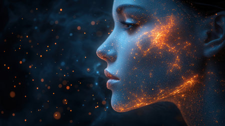 Face of a beautiful woman made of glowing particles. 3D renderingの素材