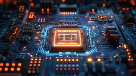 Futuristic chip on the motherboard of a computer. 3d renderingの素材