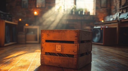 Wooden box on a wooden floor in a room lit by sunlightの素材