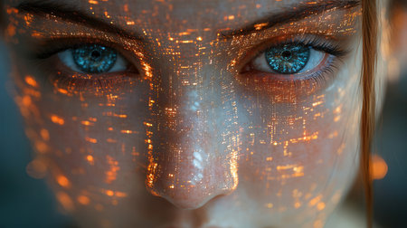 Close-up portrait of a beautiful girl with blue eyes and light makeupの素材