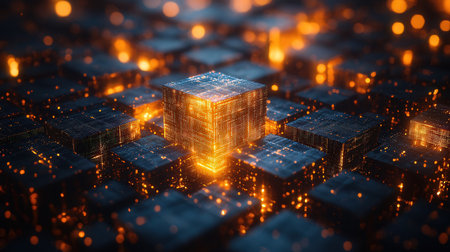 Abstract 3d rendering of cubes with glowing particles. Futuristic background.の素材