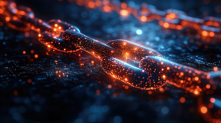 3d rendering of chain links on dark background. Network connection conceptの素材