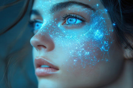 Close-up portrait of beautiful young woman with blue eyes and futuristic faceの素材